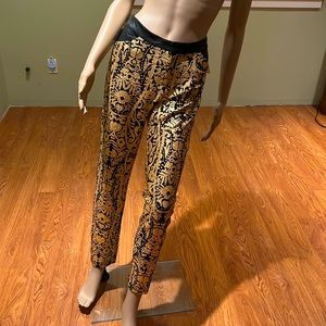 Ark & Co. Black And Gold Design With Faux Leather Trim Leggings Size L